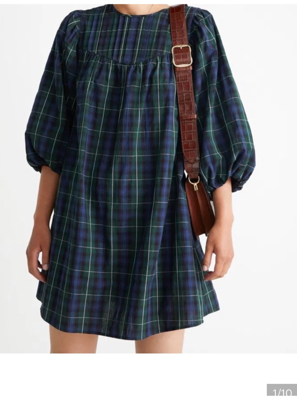 & Other Stories Navy and Green Plaid Puff-Sleeve Dress